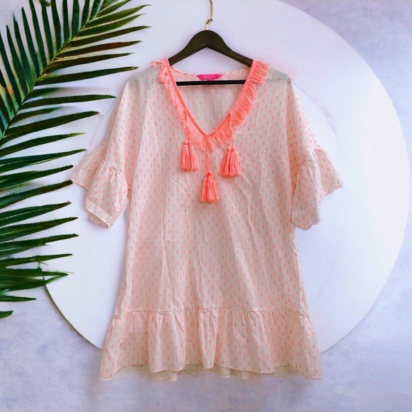 Lilly Pulitzer Kipper Cover-up Minidress Tangelo Neon Clip Tassels White coral - Picture 1 of 9